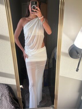 Sheer One-Shoulder White Skirt Set